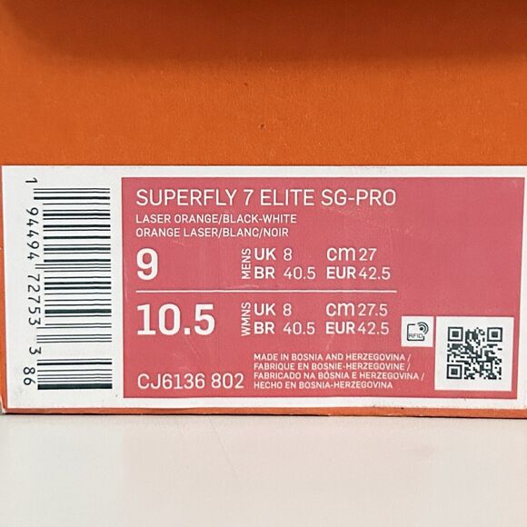 Nike Mercurial Superfly 7 Elite SG Pro “Laser Orange” Men’s Size 9 Soccer Cleats - Picture 9 of 9